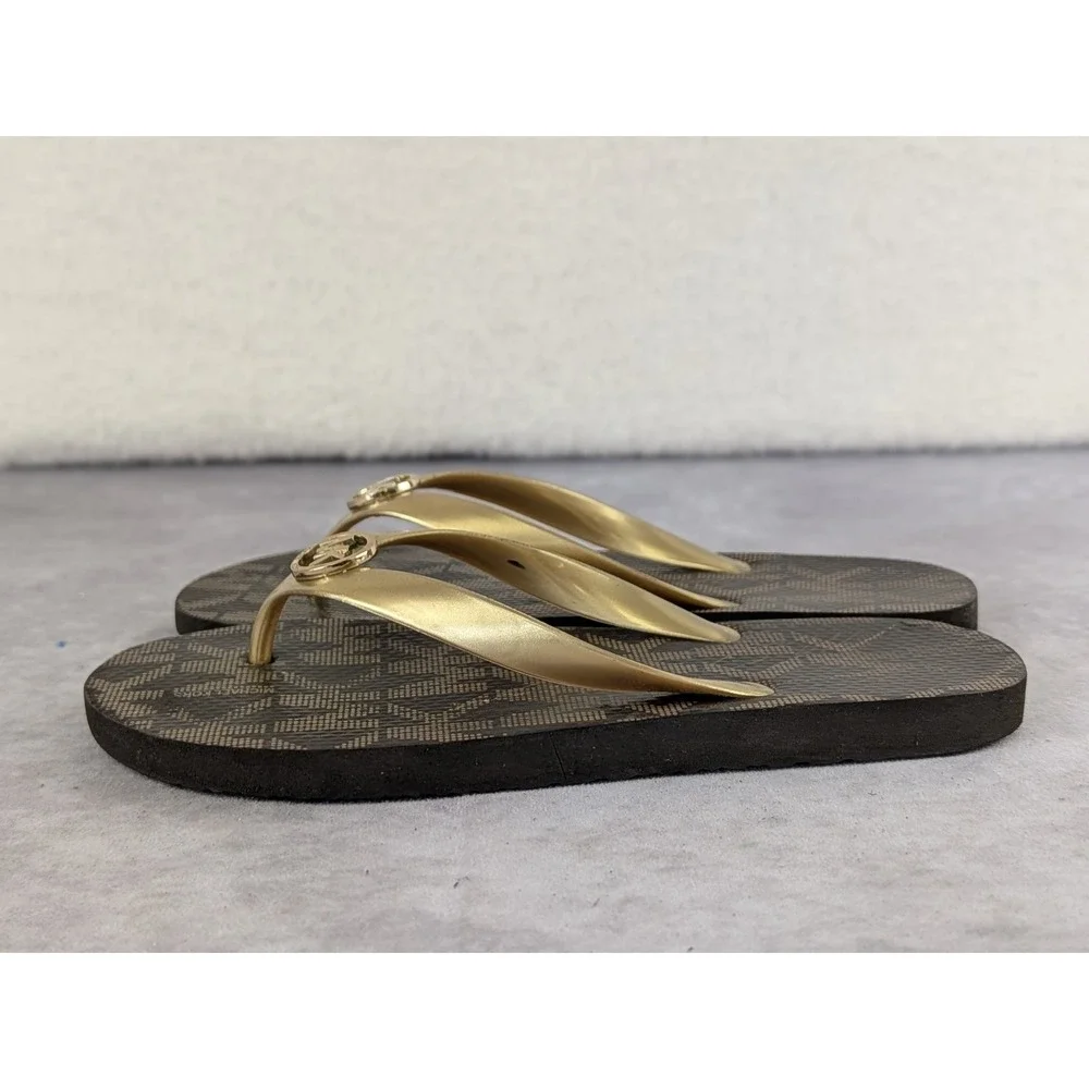 Michael Kors Womens MK Monogram Flip Flops Brown Gold Logo Sandals Size 8